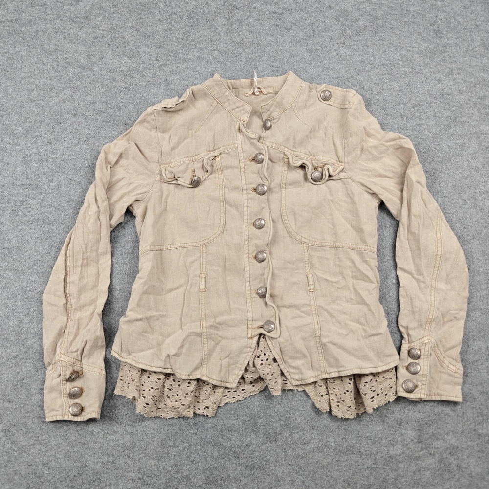 Free People Jacket Womens Small Beige Linen Military Crochet Lace Ruffle Buttons